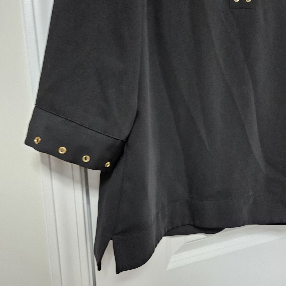 Chico's Blouse Womens 1 Black Grommet Split Neck 3/4 Sleeve Top Metallic Detail - Picture 6 of 10